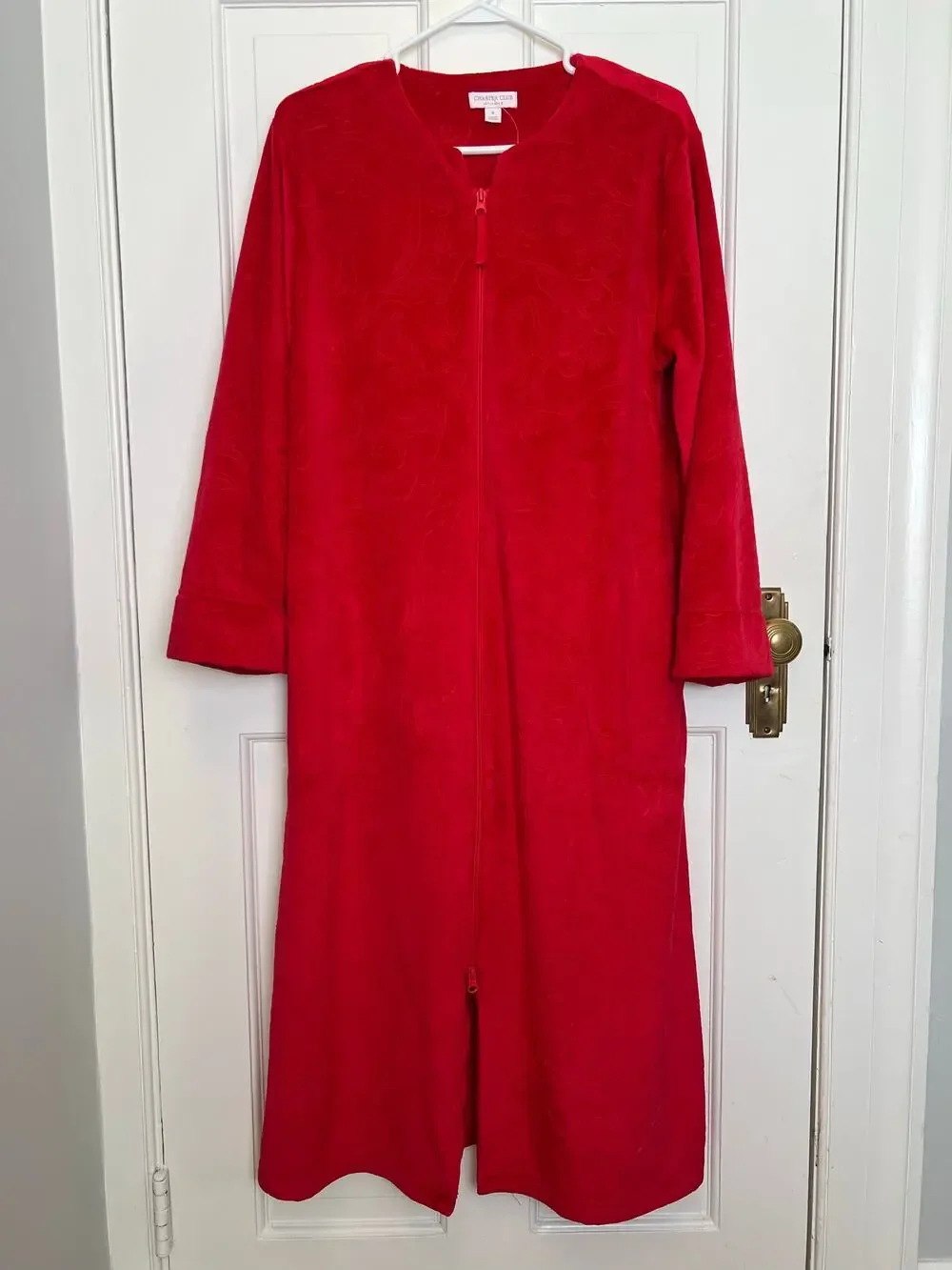 NEW Charter Club Red Embossed Velour Zip Front Robe Pockets Textured Women's S